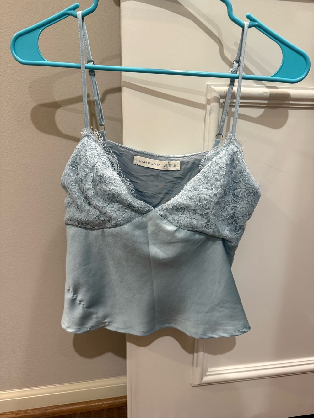 Altar'd State Light Blue Lace Trim Satin Tank Top